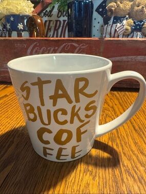 Starbucks 2015 Coffee Mug 14.2 oz White w/Gold Graffiti Letters